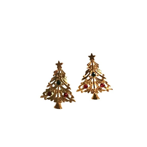 WOMENS GOLD TONE CHRISTMAS TREE WITH COLOR ORNAMENT STONE EARRINGS - Picture 1 of 4